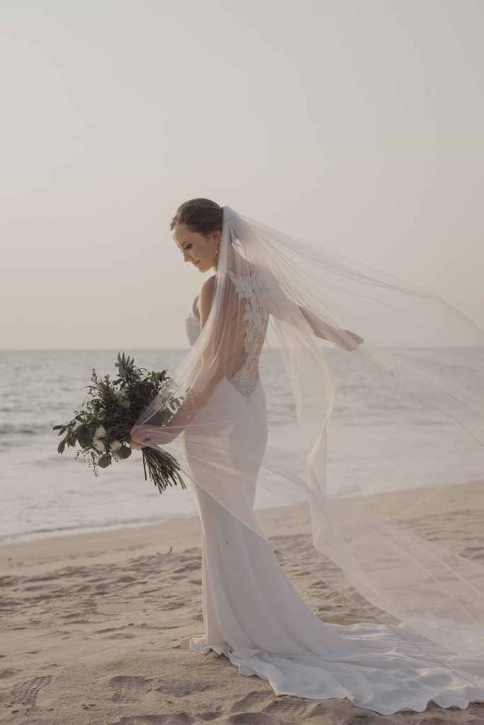Thailand wedding photographer captures brides portraits at sunset at Jivana Villa