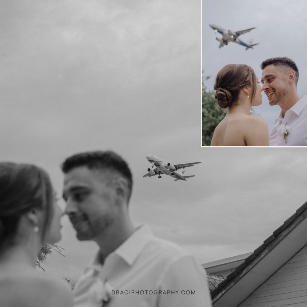 wedding portrait session at the Big Buhdda in Koh Samui with airplane landing above