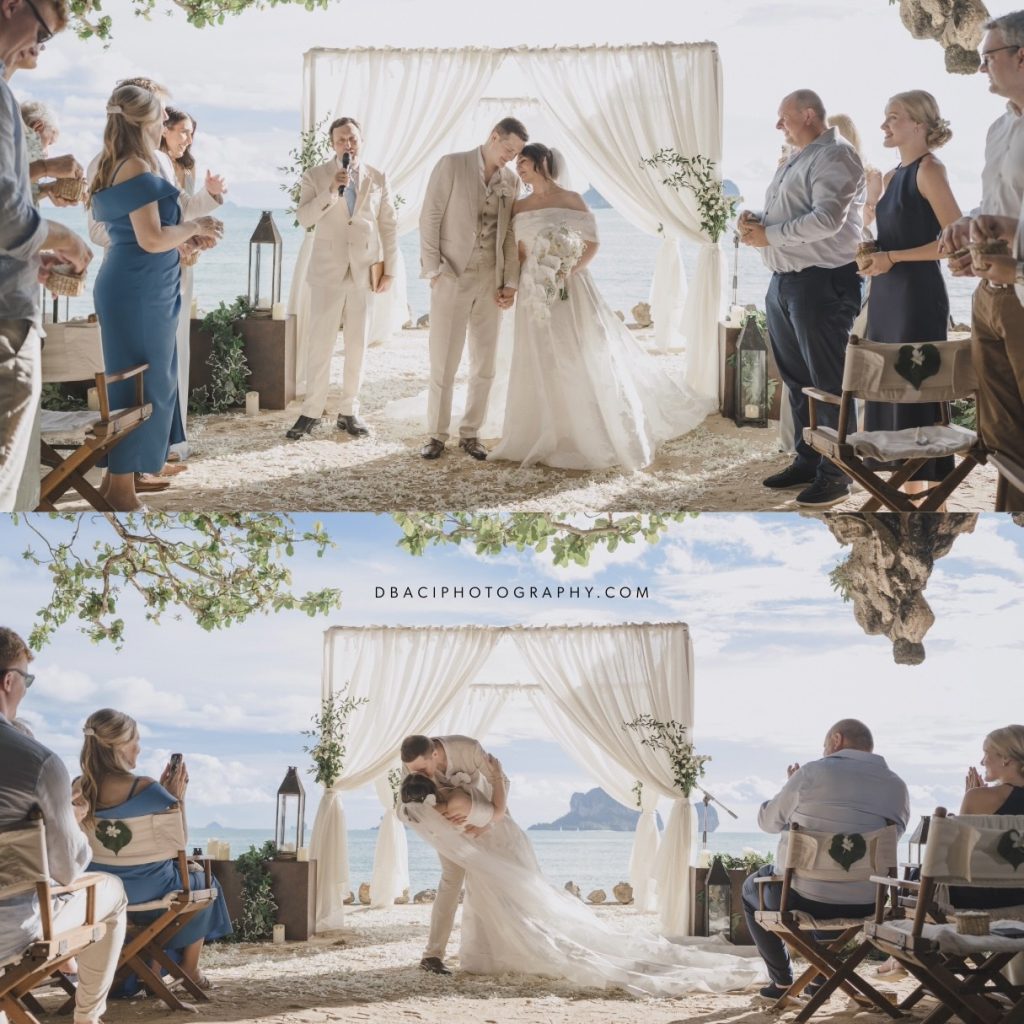 bride and groom first kiss at the grotto sunset ceremony in the rayavadee resort in krabi