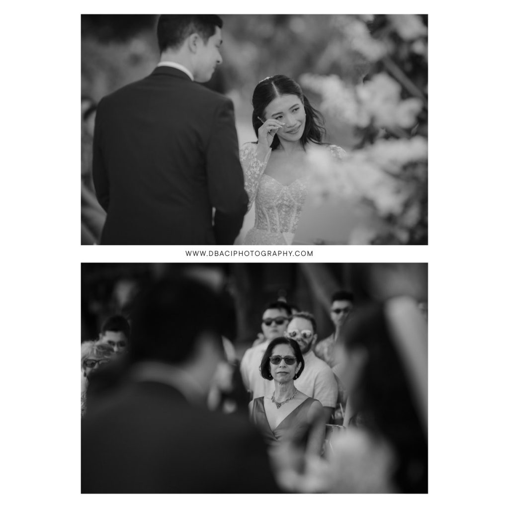 Bride crying at beach wedding venue in Koh Samui, Thailand.
