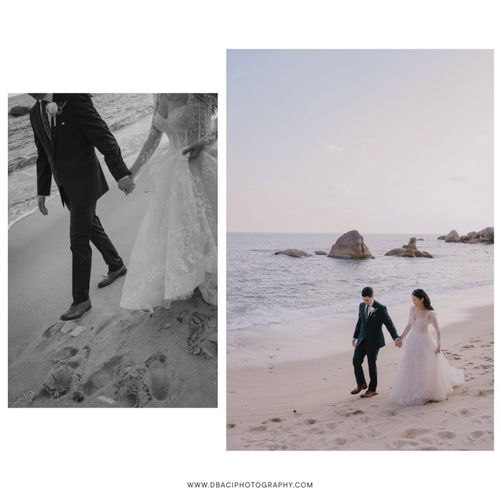 beach portrait of bride and groom walking on the beach at Koh Samui wedding venue.