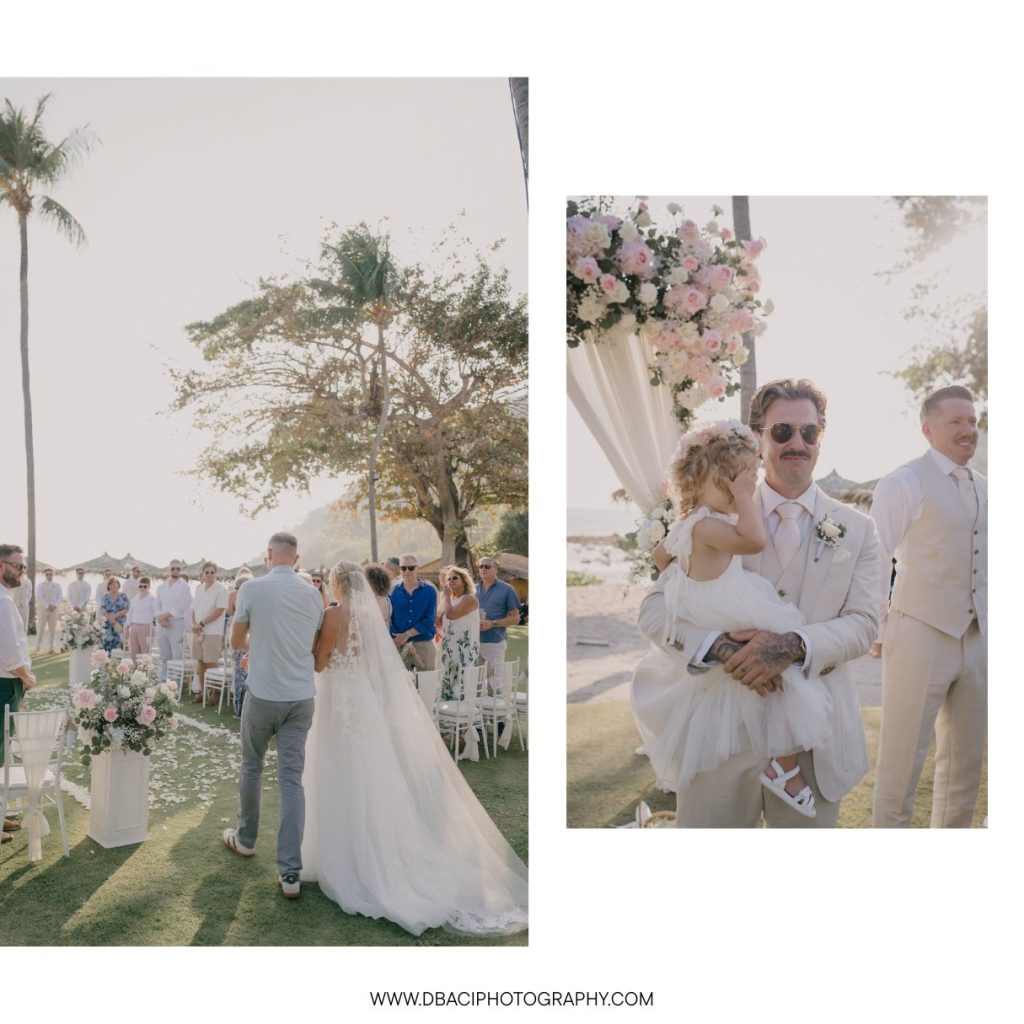 Bride walking down the aisle at wedding ceremony at the Phuket Marriott Resort & spa, Merlin Beach.
