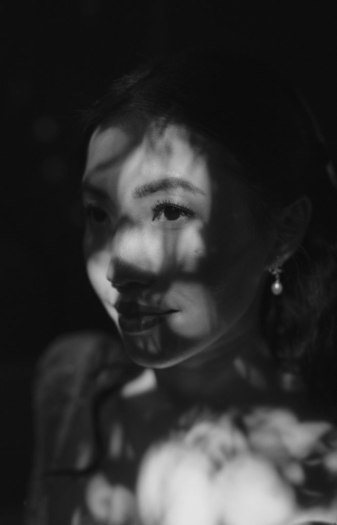 Black and white cinematic portrait of bride at her destination wedding on Koh Samui. Photography by Daniel Baci