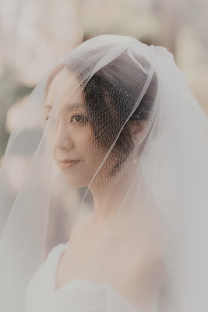 Soft-focus portrait of a bride looking through her veil